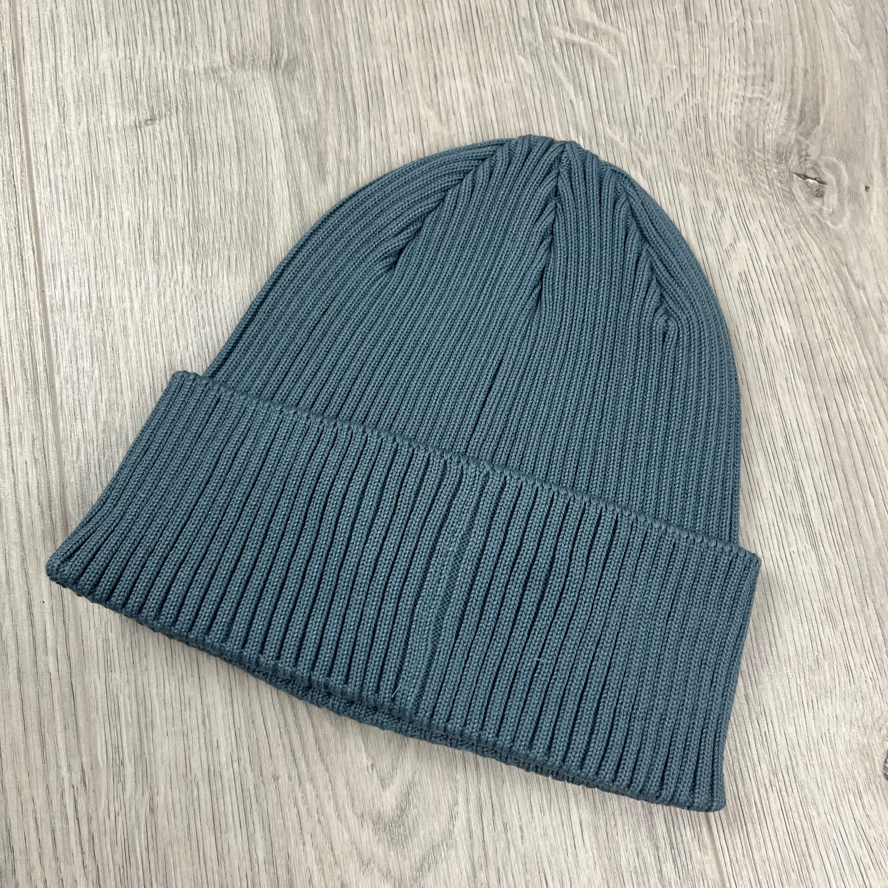 CP Company Cotton Goggle Beanie in Stormy Weather. On sale at Open Attire.