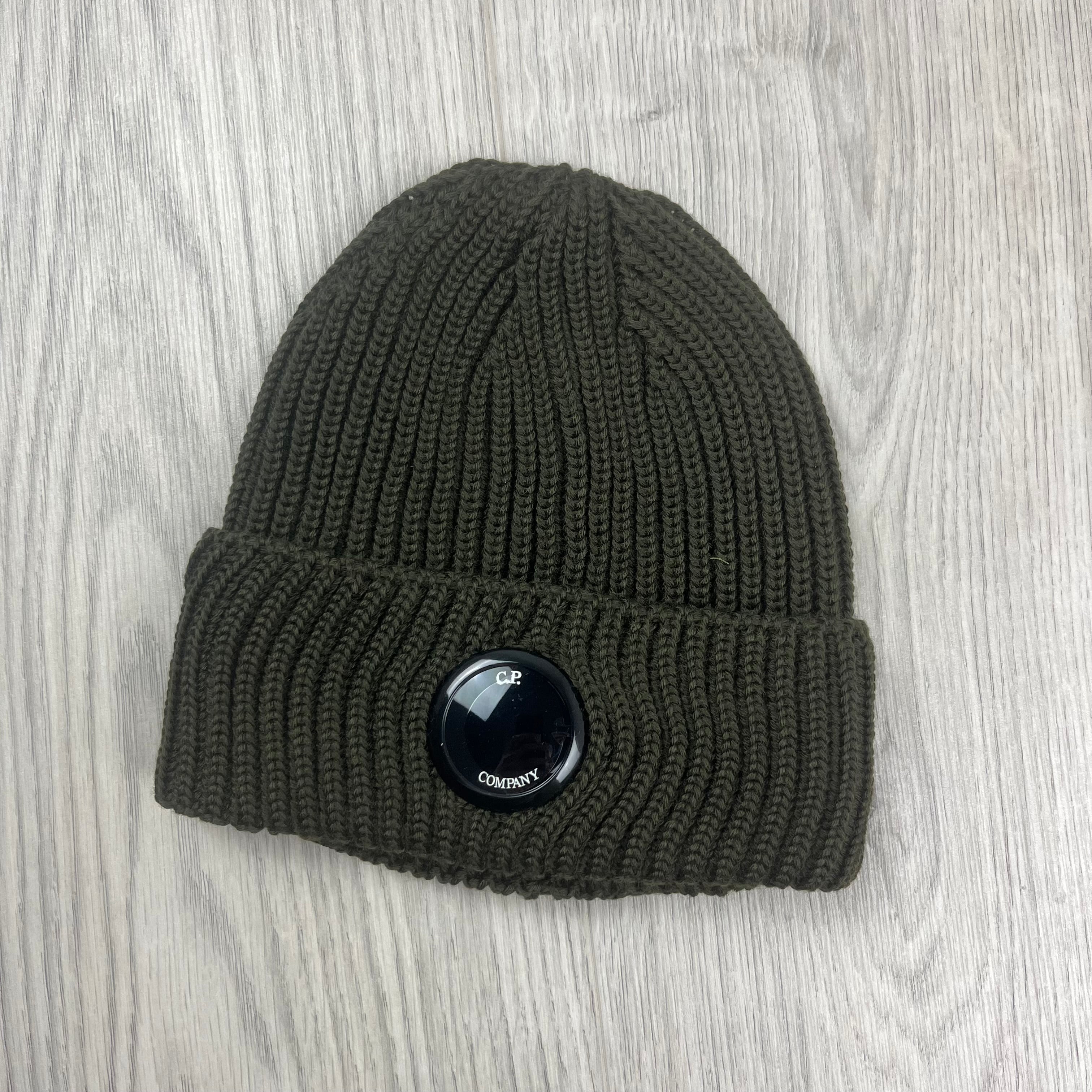 CP Company Merino Wool Lens Beanie in Ivy Green. On sale at Open Attire.