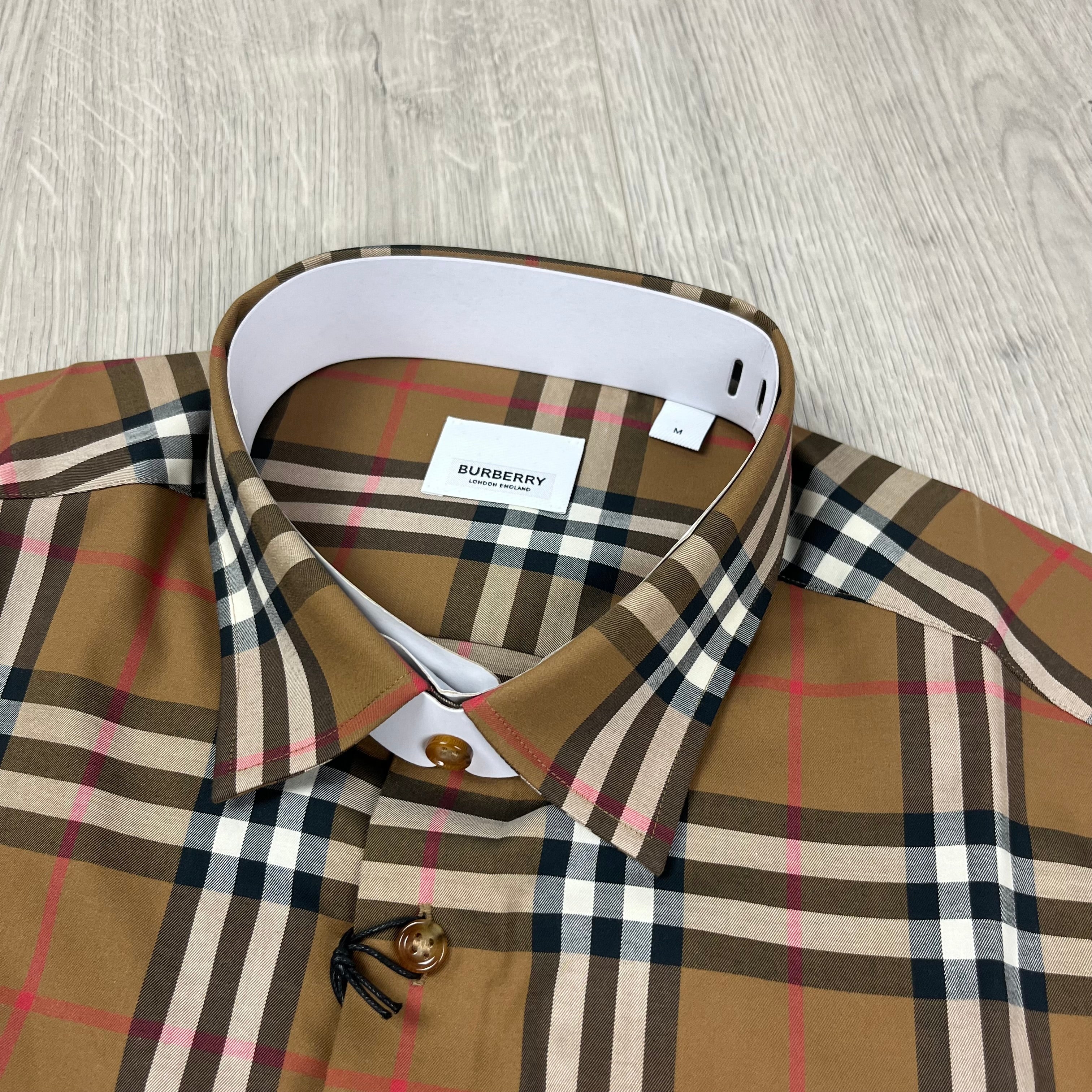 Burberry Shefford Shirt in Taupe Brown. On sale at Open Attire.