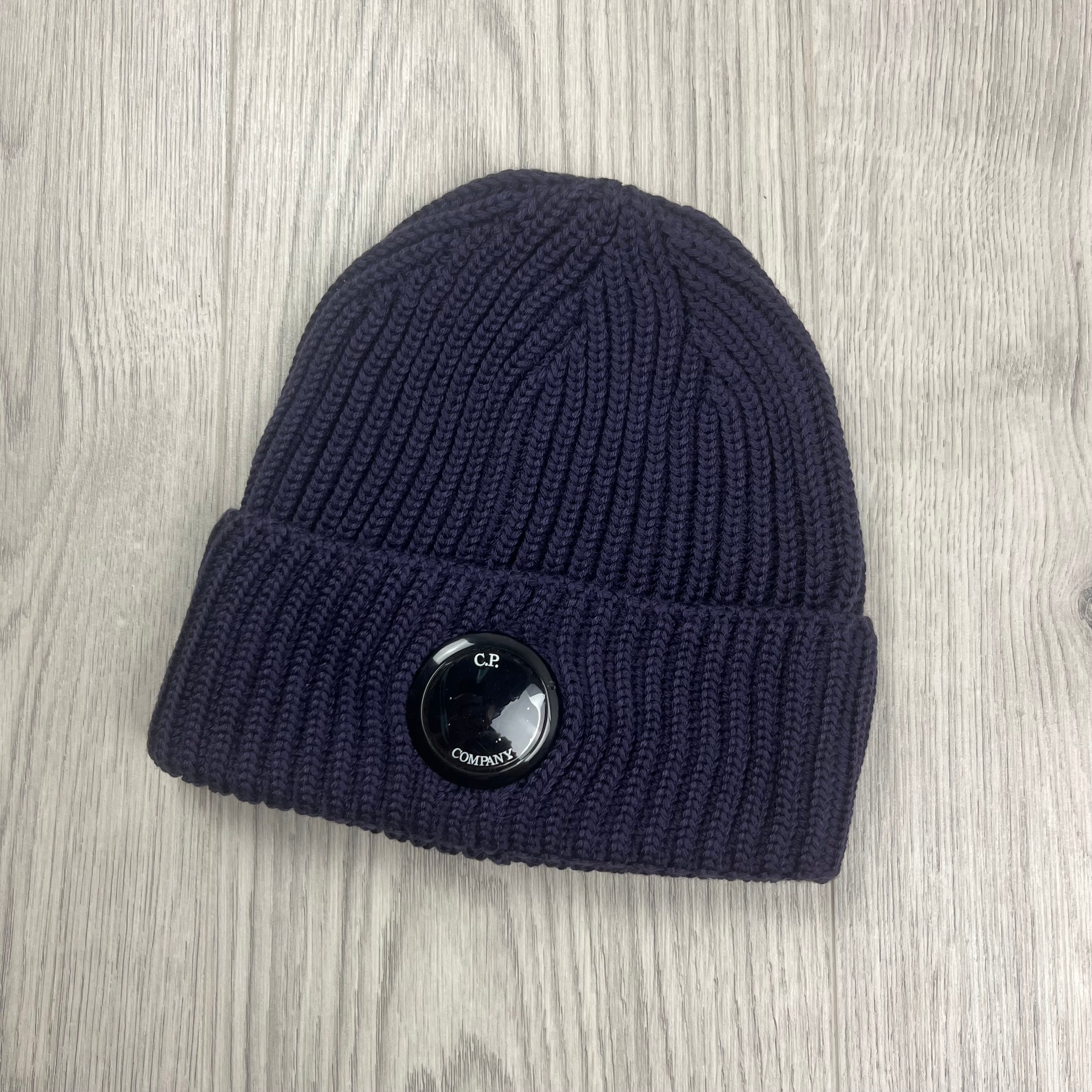 CP Company Merino Wool Lens Beanie in Nightshade. On sale at Open Attire.