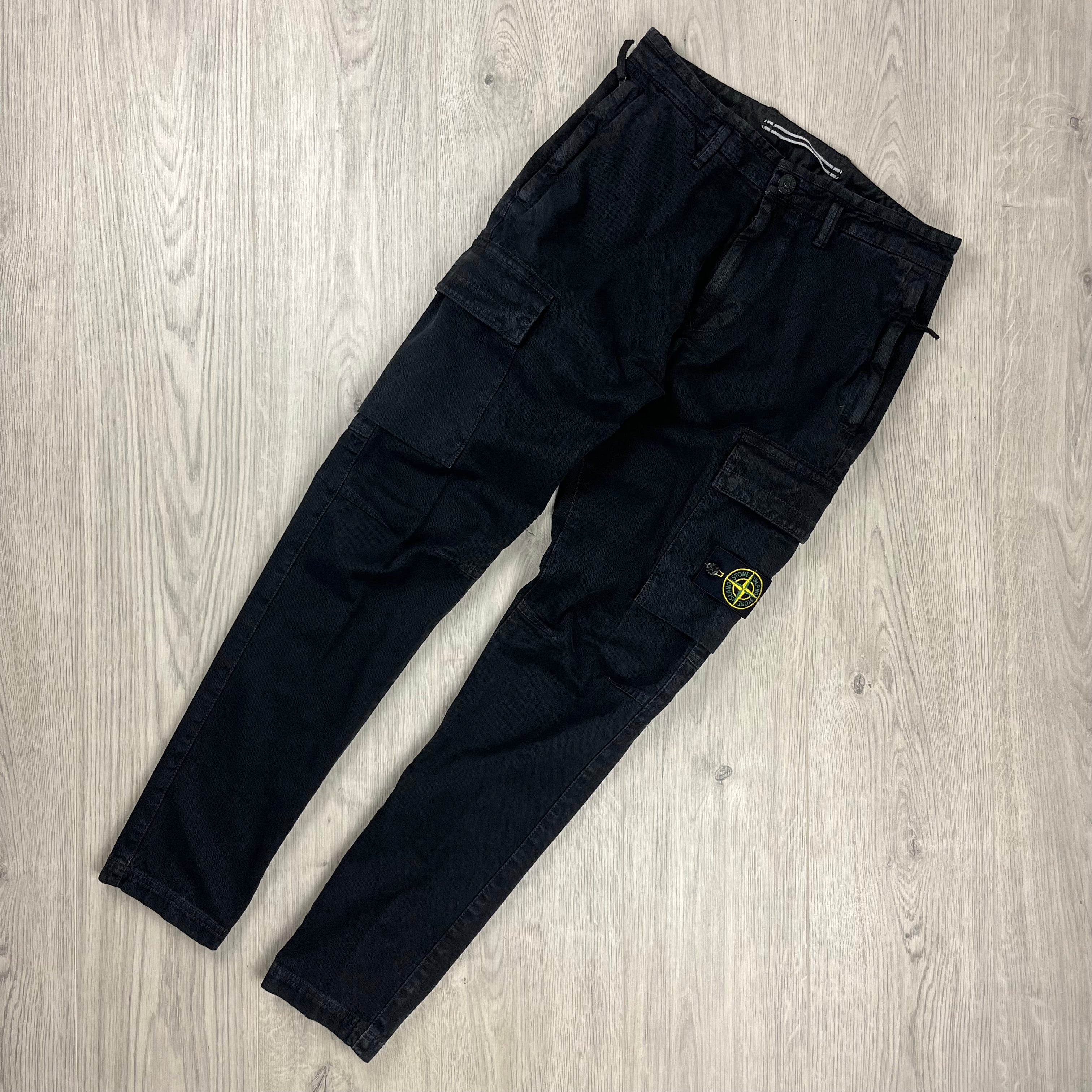 Stone Island Panama Cotton Tapered Fit Cargo Trousers in Black. On sale at Open Attire.