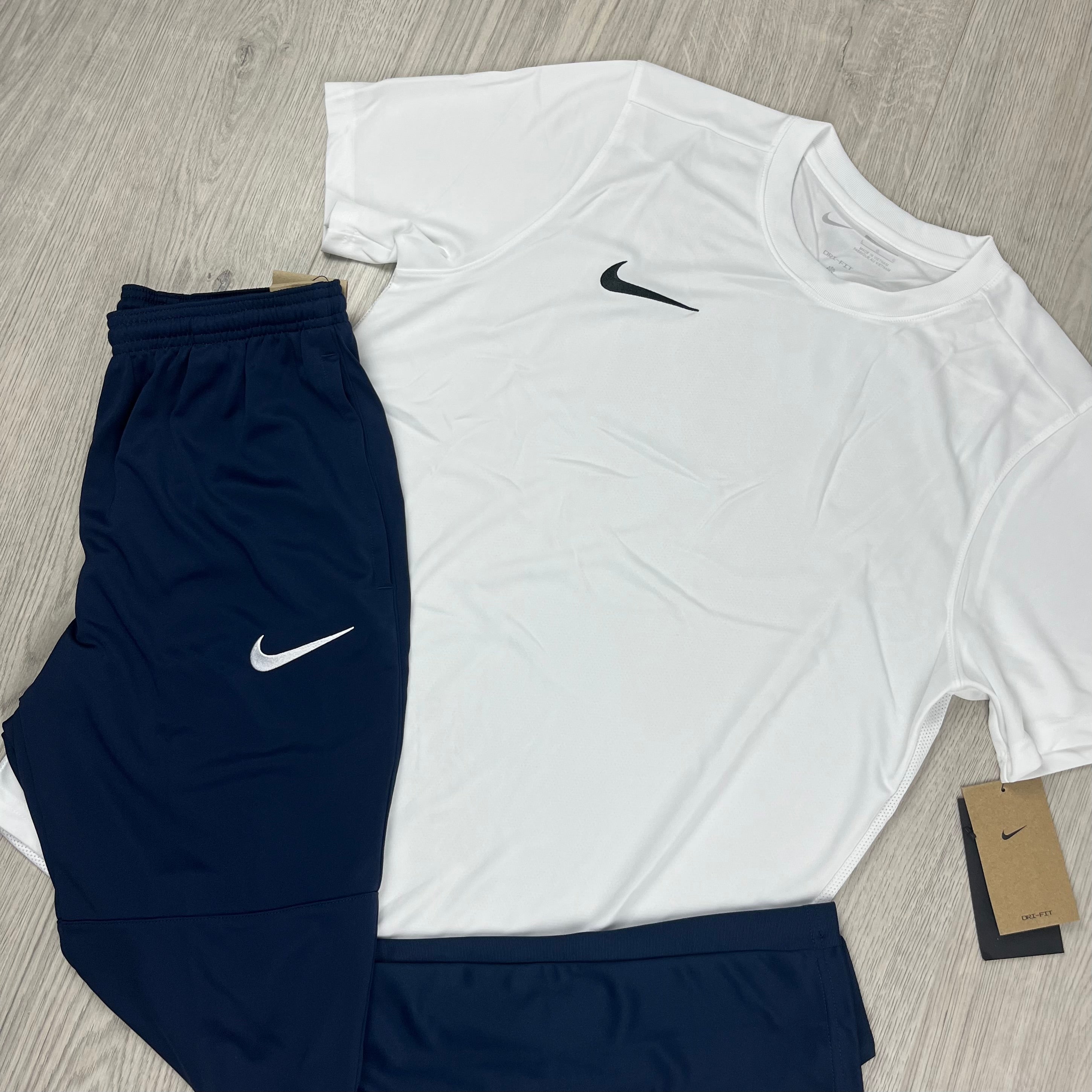 Nike Dri-Fit Set in White/Navy Blue. On sale at Open Attire.