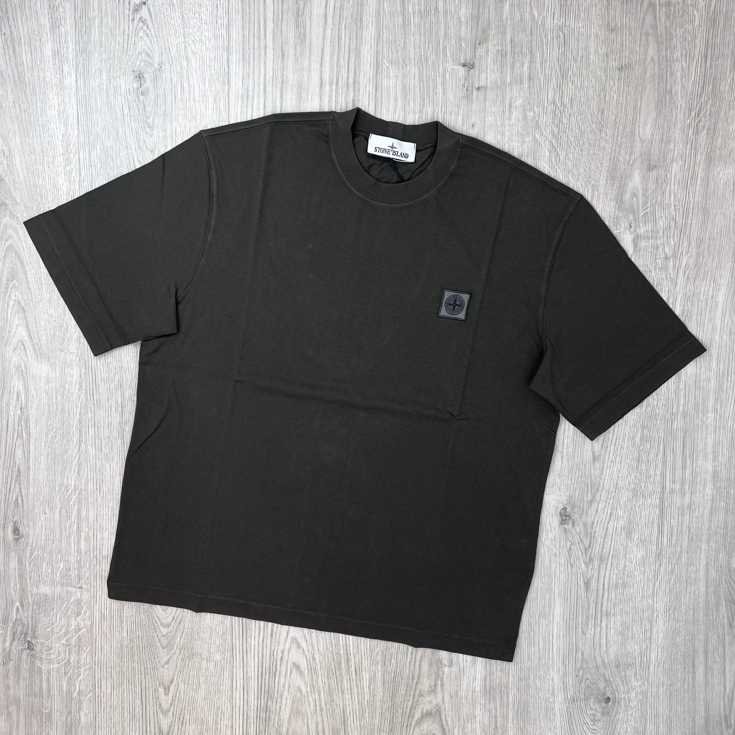 Front view of a Stone Island Combed Organic Patch T-Shirt in Coal Grey. 
