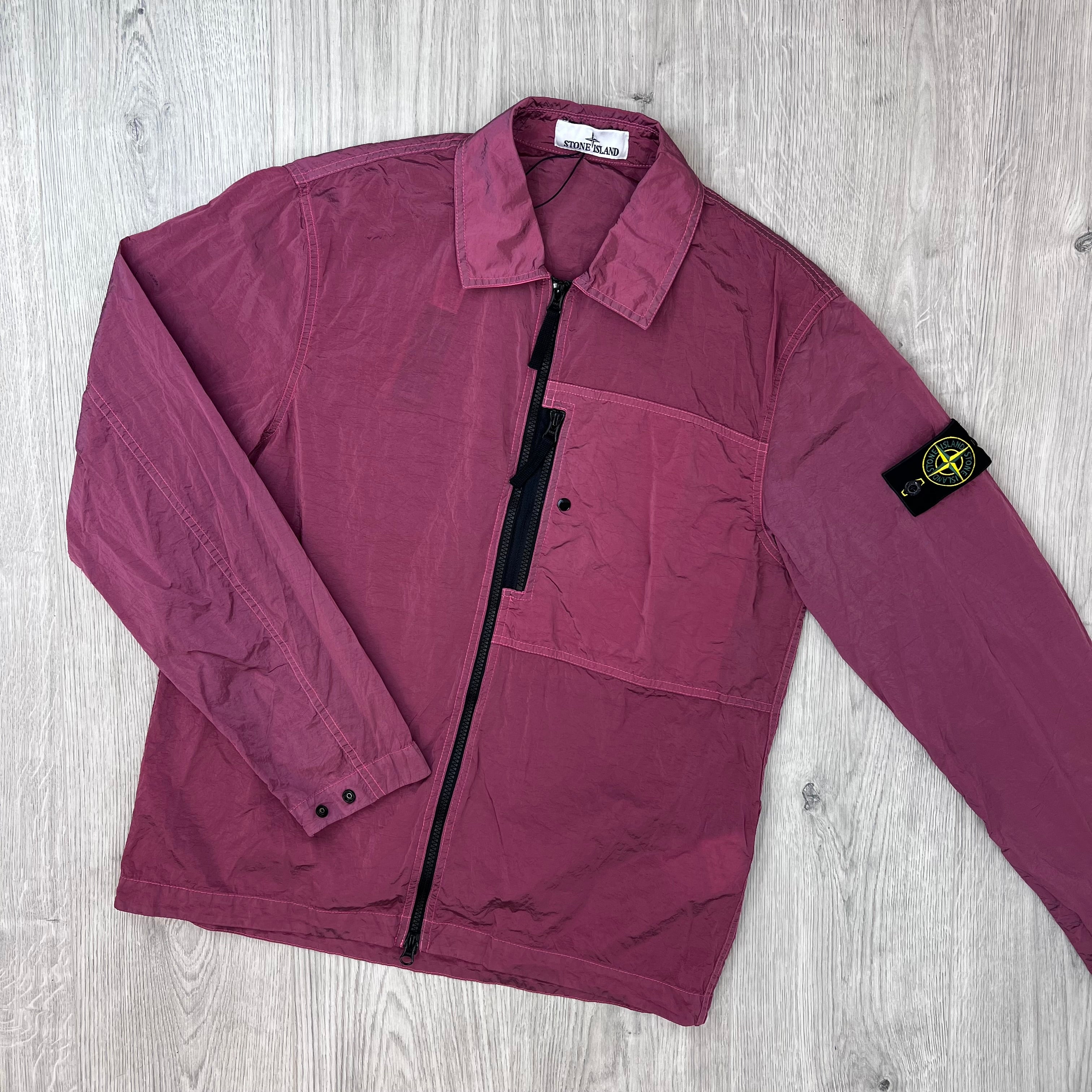 Front view of the Stone Island Nylon Metal Overshirt in Geranium.