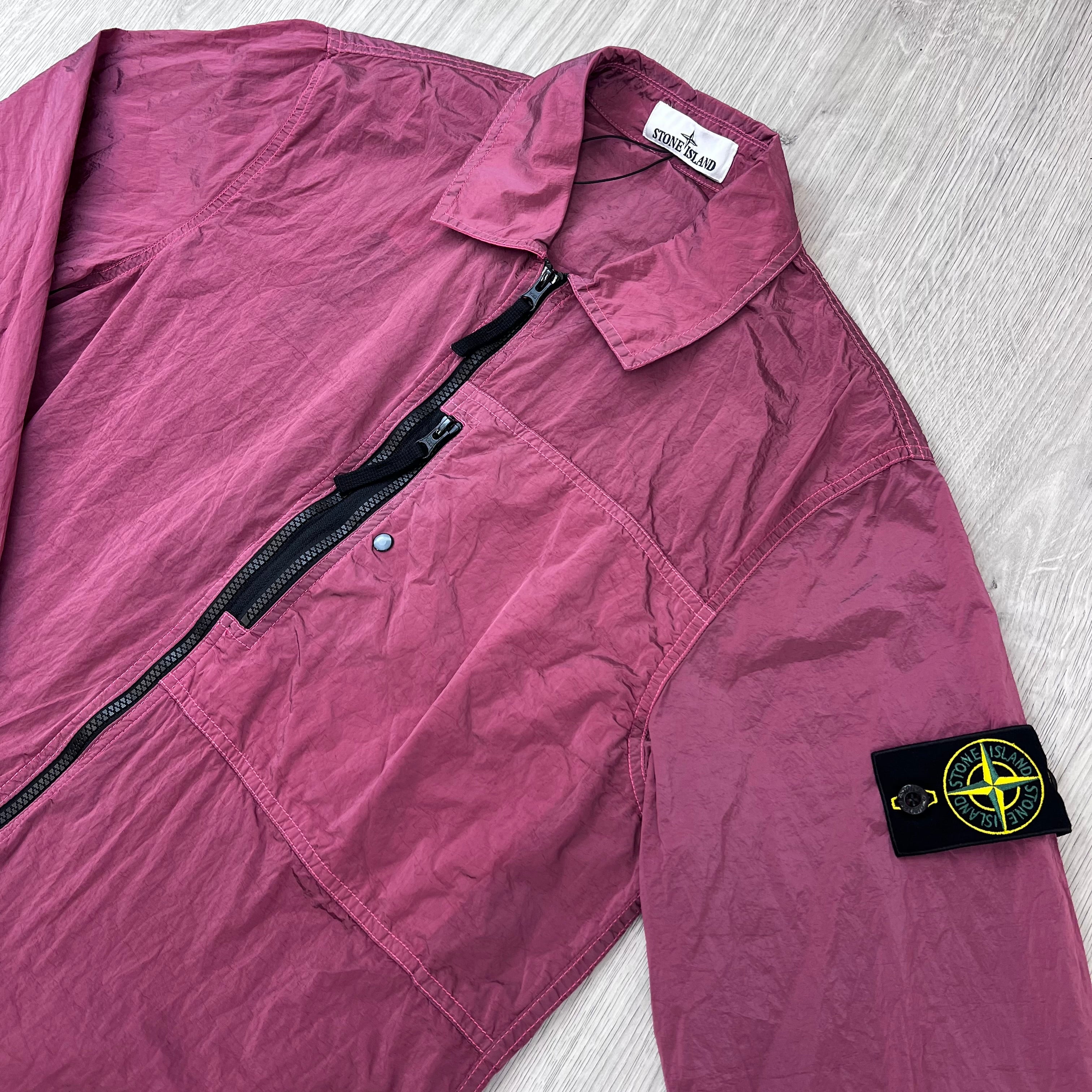 Angled view of the Stone Island Nylon Metal Overshirt in Geranium.